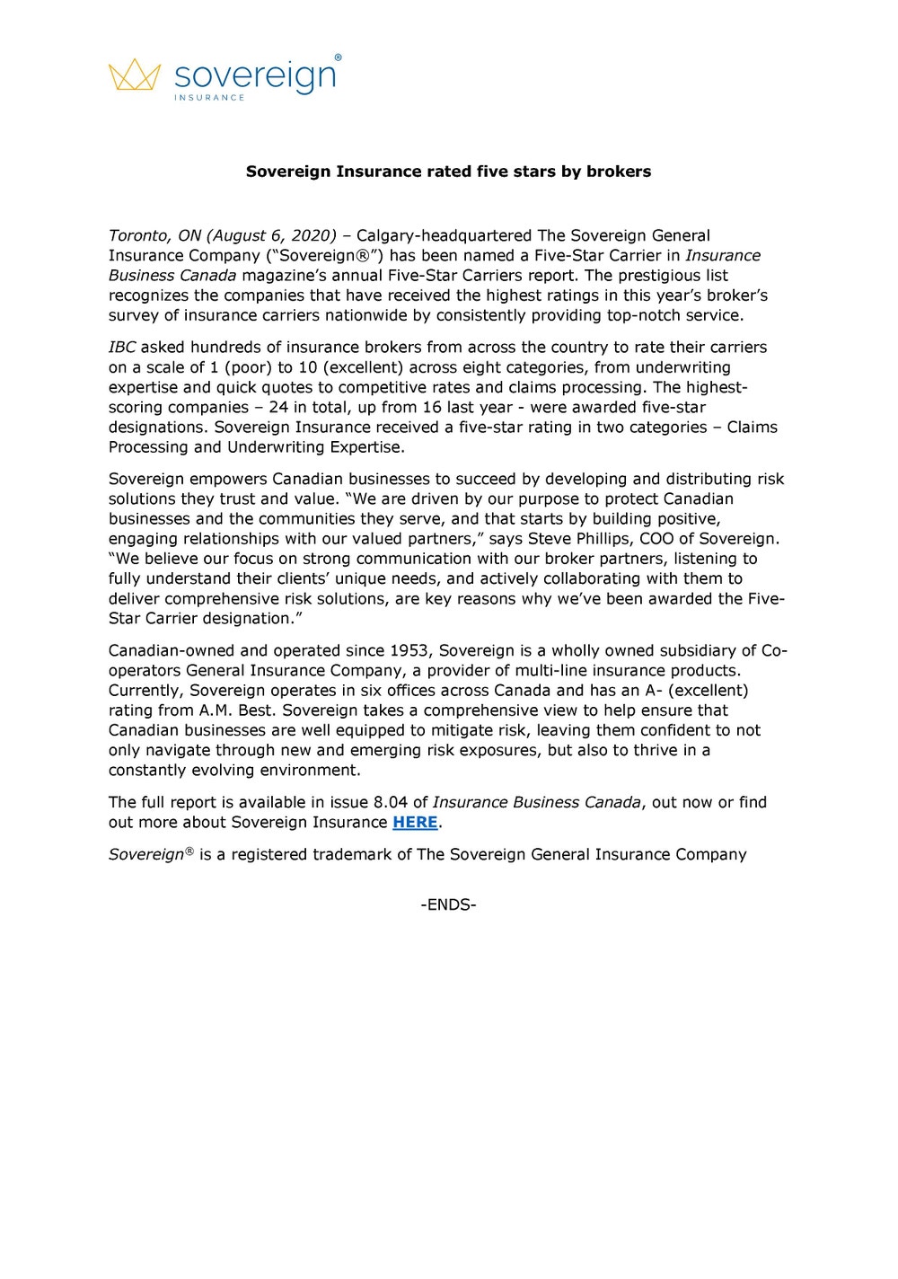 Une capture d'écran du communiqué de presse en anglais "Sovereign Insurance rated five stars by brokers"